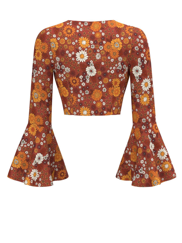Haut orange manches cloches hippie marguerite des années 1970