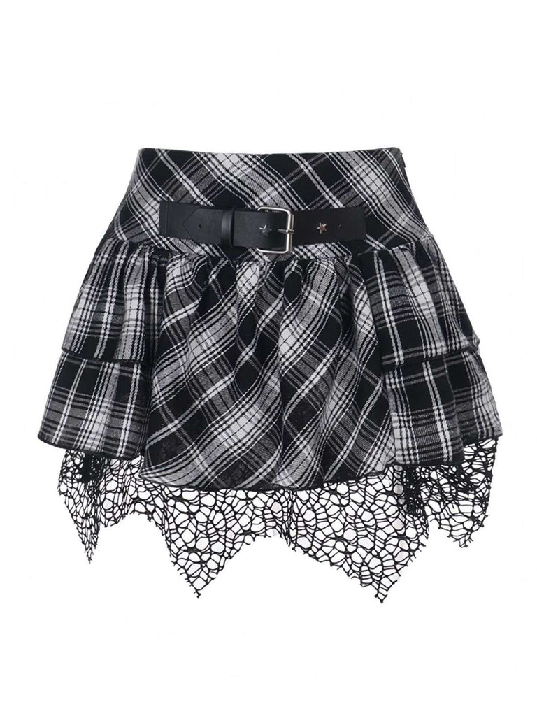 Jupe à carreaux écossais en patchwork de dentelle steampunk grise des années 1980