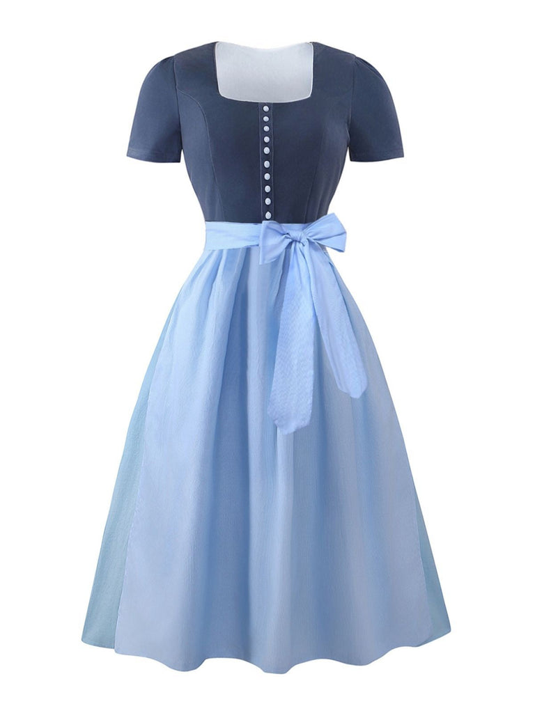 2PCS Robe col carré bloc de couleurs bleu gris uni et tablier des années 1950