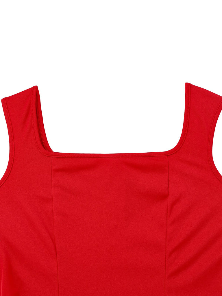 Robe trapèze col carré larges bretelles couleur uni des années 1950