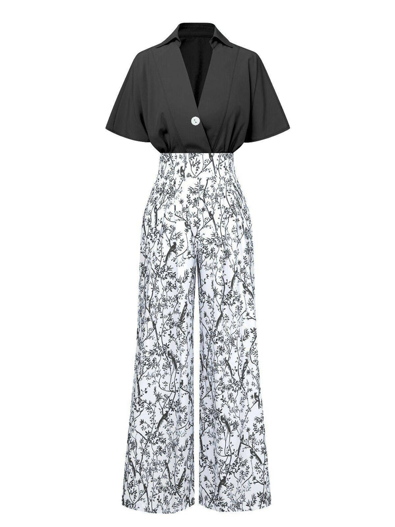 2PCS Chemisier Dolman solide et pantalon floral verte des années 1930