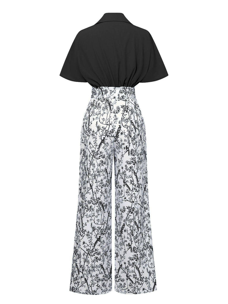 2PCS Chemisier Dolman solide et pantalon floral verte des années 1930