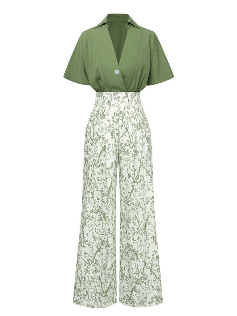 2PCS Chemisier Dolman solide et pantalon floral verte des années 1930