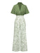 2PCS Chemisier Dolman solide et pantalon floral verte des années 1930