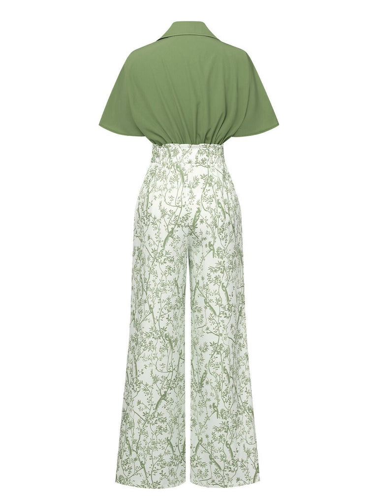 2PCS Chemisier Dolman solide et pantalon floral verte des années 1930
