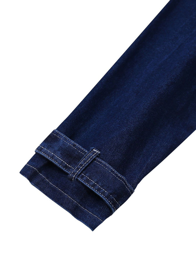 Veste à revers boutonnée en denim bleu foncé des années 1950