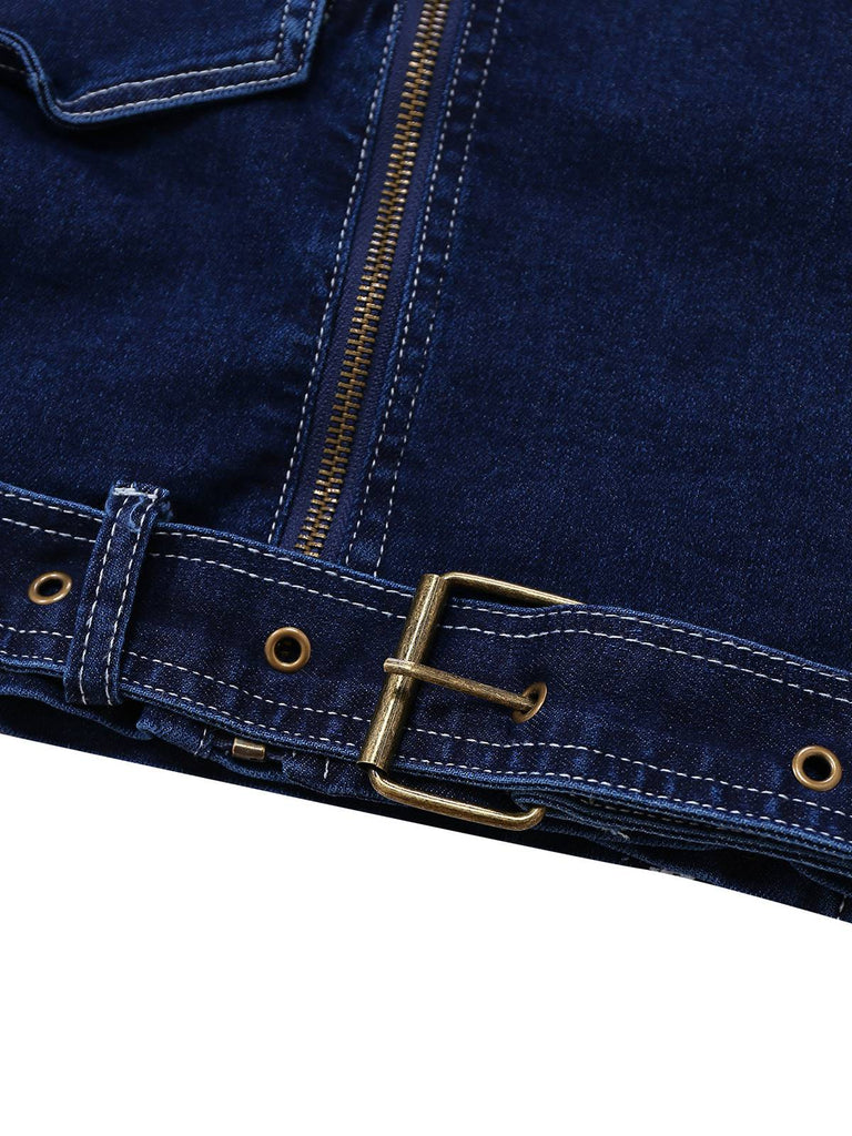 Veste à revers boutonnée en denim bleu foncé des années 1950