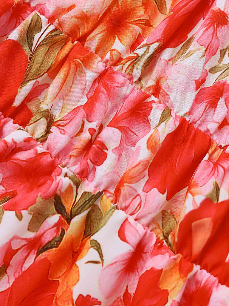 Robe rouge à fleurs dos nu col rond des années 40