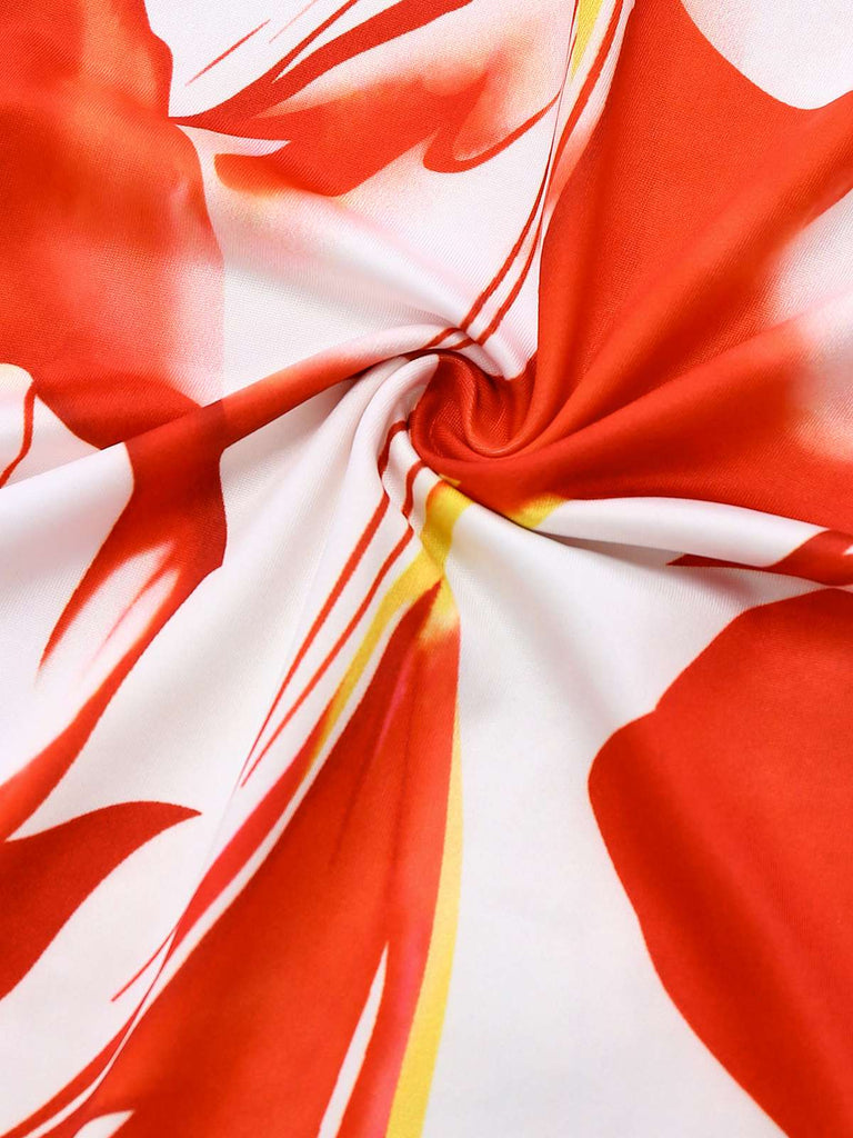 Combinaison rouge sans manches imprimés de fleurs abstraites avec ceinture années 1930