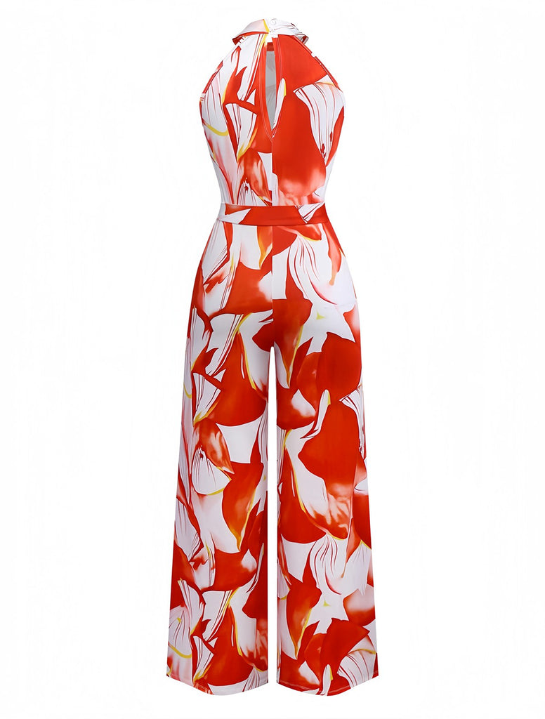 Combinaison rouge sans manches imprimés de fleurs abstraites avec ceinture années 1930