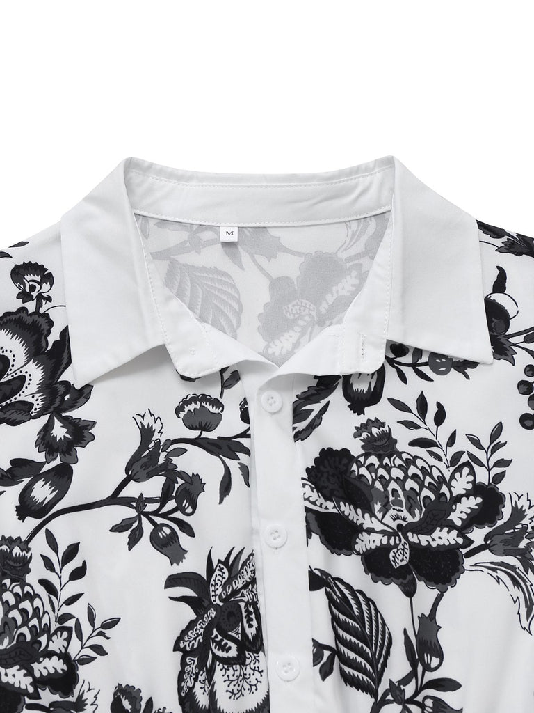 Robe chemise noire blanc à fleurs et ceinture des années 1940
