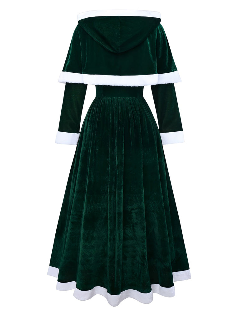 Robe de Noël verte en velours avec cape du Père Noël des années 1930