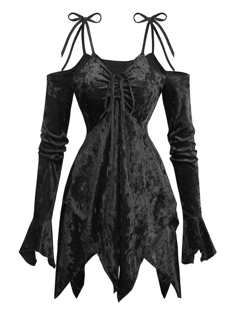 Robe en velours manches clochebretelles à lacets et ourlet irrégulier des années 1960