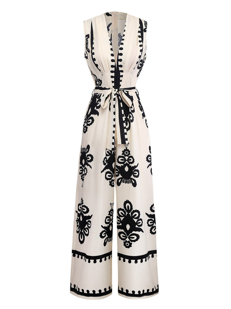 Combinaison beige à col en V profond et imprimé ethnique des années 1970