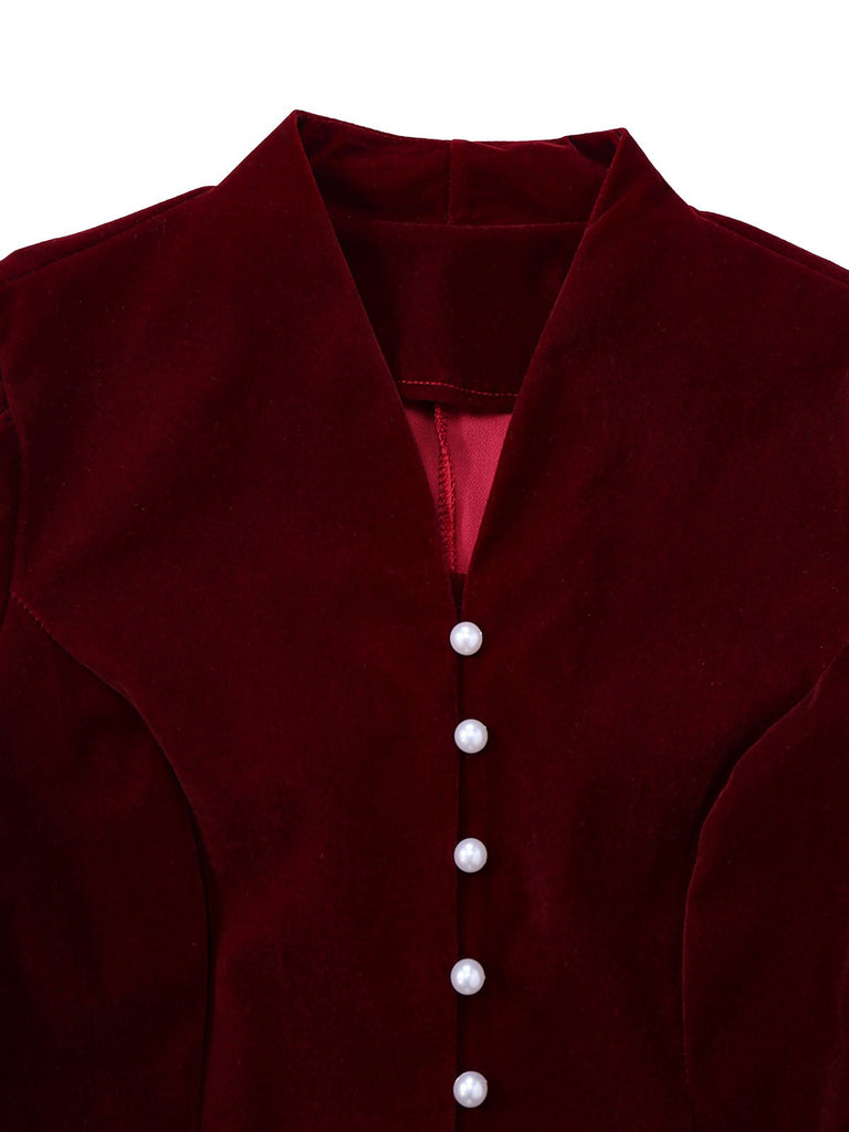 2PCS Veste en velours à col en V et jupe vin rouge années 1940