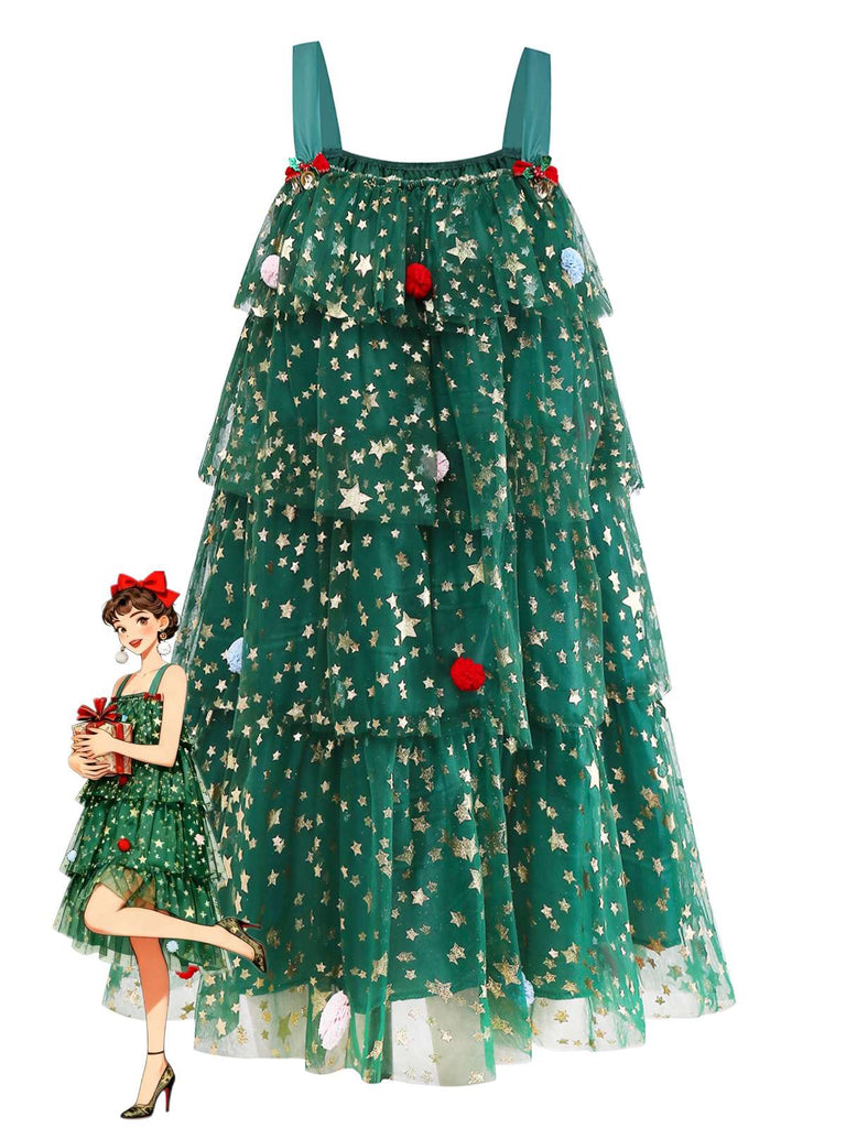 Robe en maille verte avec pompons forme d'arbre de Noël des années 1960