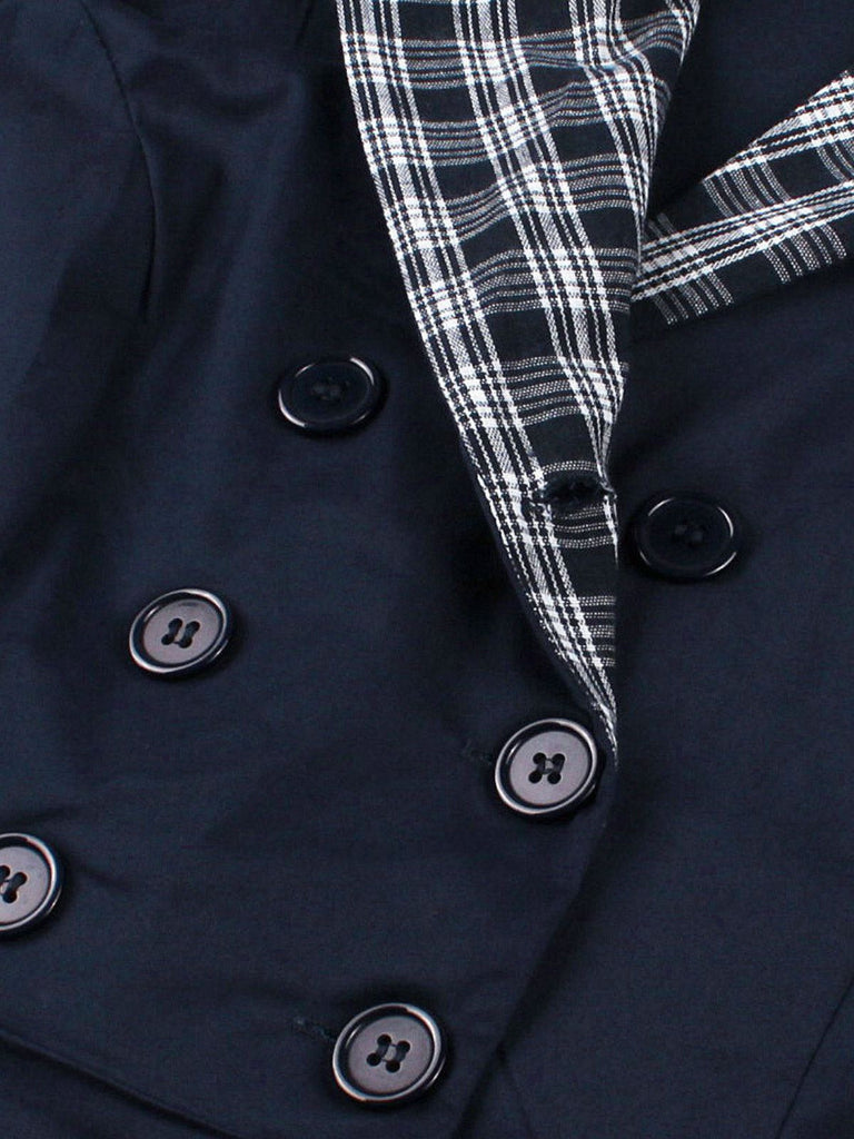 Robe croisée à carreaux col rever bleu avec ceinture des années 1950