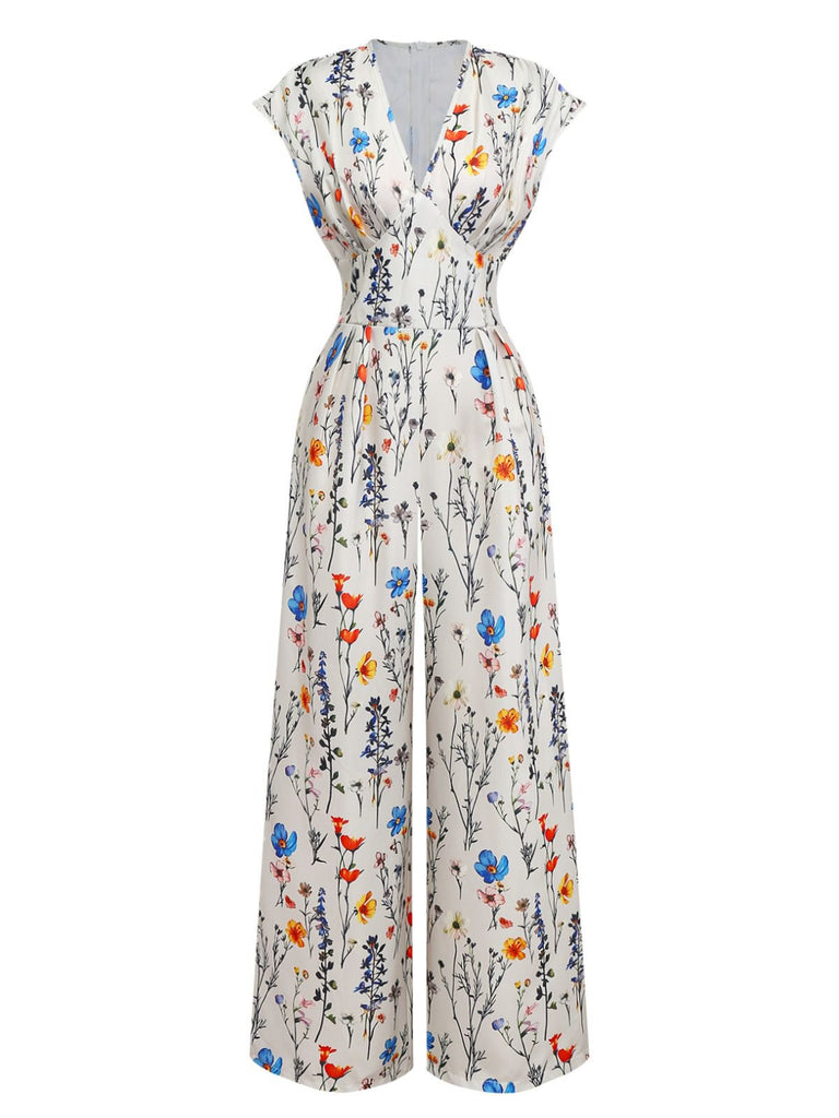 Combinaison beige à fleurs à manches courtes et col en V années 1950