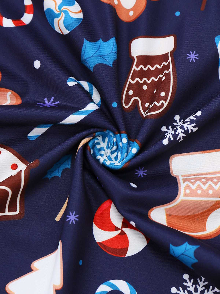 Combinaison à bretelles imprimée d'éléments de Noël bleus des années 1930