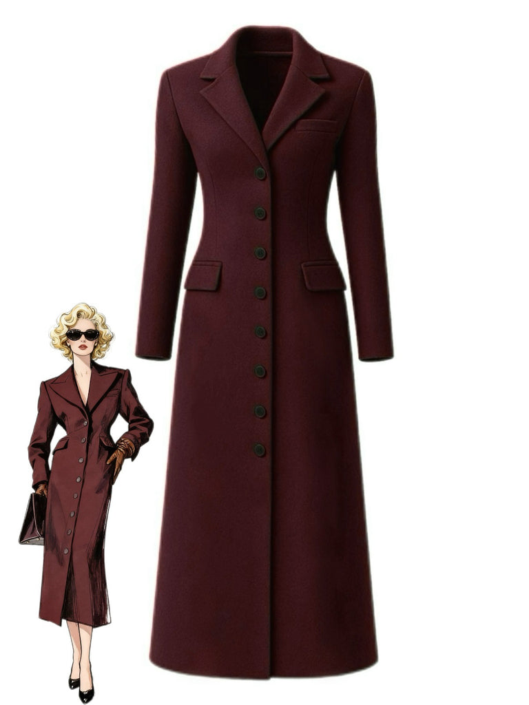 Manteau longue rouge vin à boutons col revers unis des années 1930