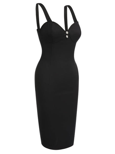 Robe noire à bretelles avec boutons en perles solides des années