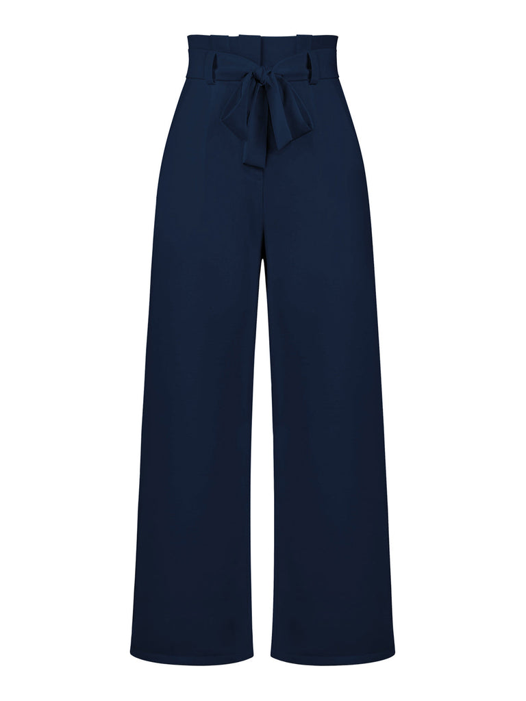 Pantalon taille haute bleu foncé des années 1940 avec nœud