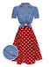 2PCS chemisier uni et jupe à pois bleu et rouge des années 1950