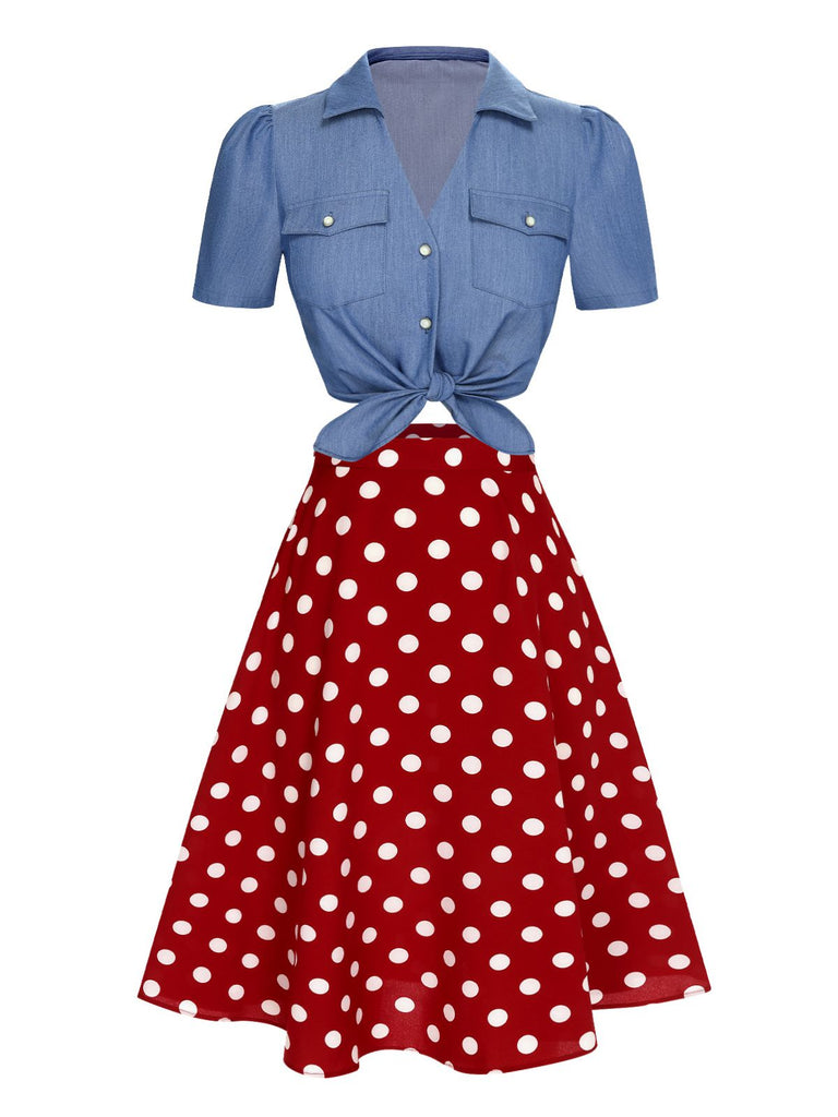 2PCS chemisier uni et jupe à pois bleu et rouge des années 1950