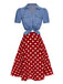 2PCS chemisier uni et jupe à pois bleu et rouge des années 1950