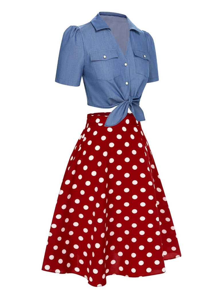 2PCS chemisier uni et jupe à pois bleu et rouge des années 1950