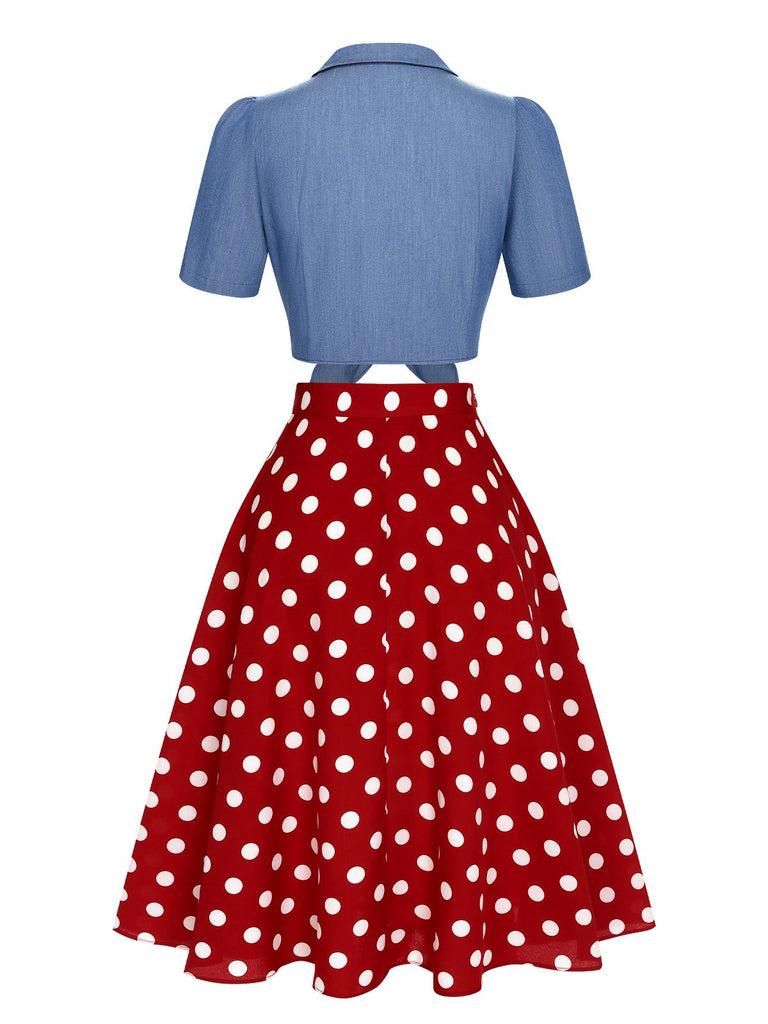 2PCS chemisier uni et jupe à pois bleu et rouge des années 1950