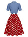 2PCS chemisier uni et jupe à pois bleu et rouge des années 1950