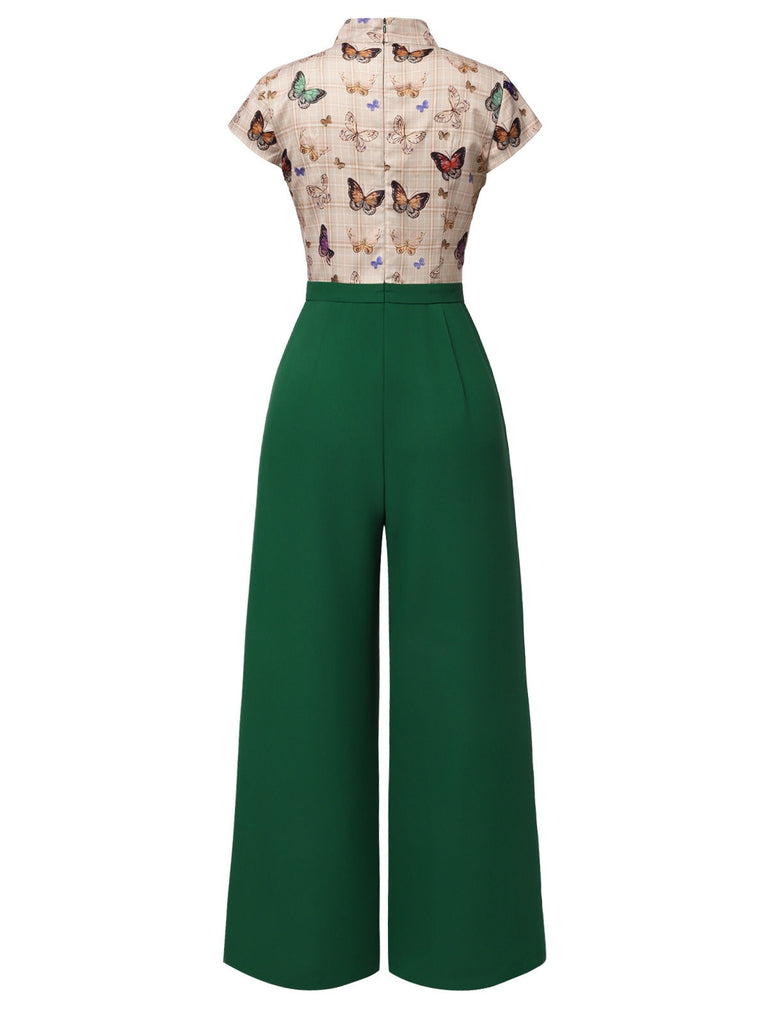 Combinaison papillons à carreaux col à nouer verts des années 1930