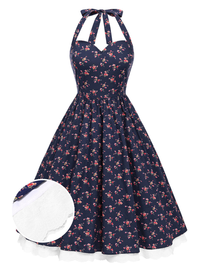 Robe licou en coton fleurs bleu foncé avec dentelle des années 1950
