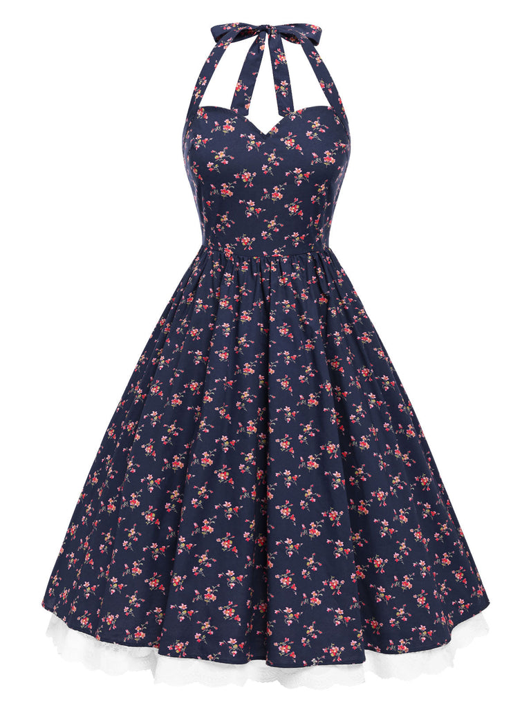 Robe licou en coton fleurs bleu foncé avec dentelle des années 1950