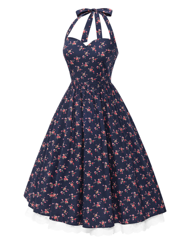 Robe licou en coton fleurs bleu foncé avec dentelle des années 1950