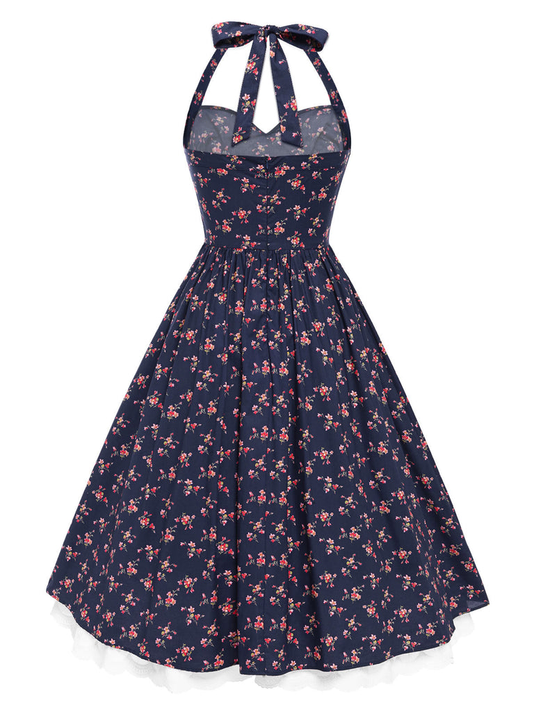 Robe licou en coton fleurs bleu foncé avec dentelle des années 1950