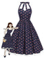 Robe licou en coton fleurs bleu foncé avec dentelle des années 1950