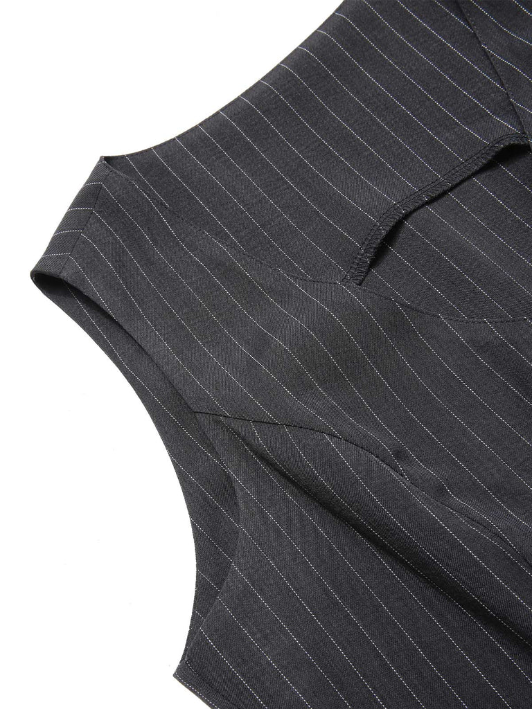 2PCS Gilet à rayures fines gris foncé et jupe plissée des années 60