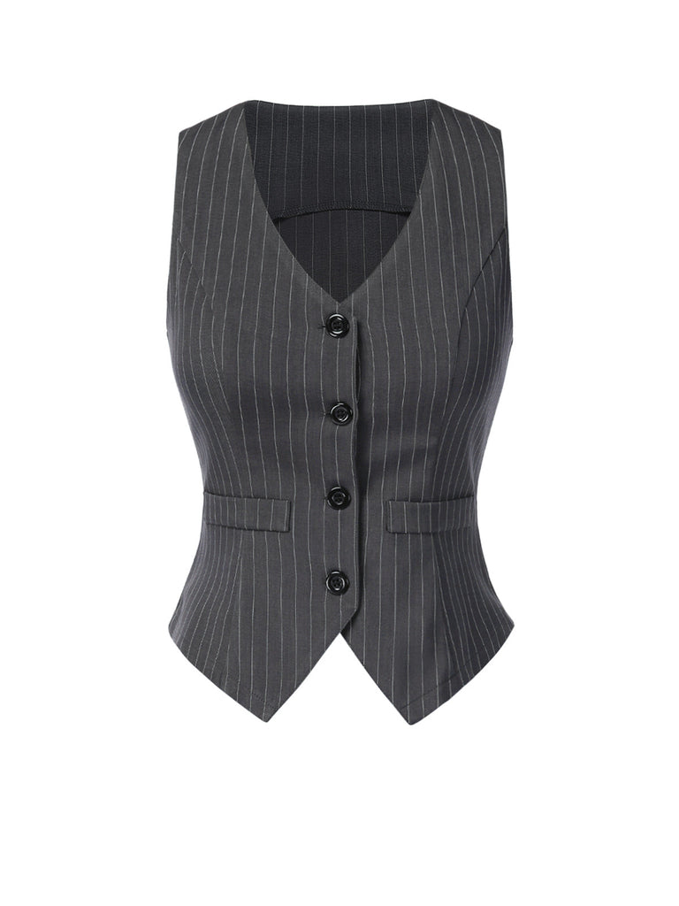 2PCS Gilet à rayures fines gris foncé et jupe plissée des années 60