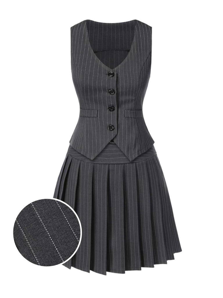 2PCS Gilet à rayures fines gris foncé et jupe plissée des années 60