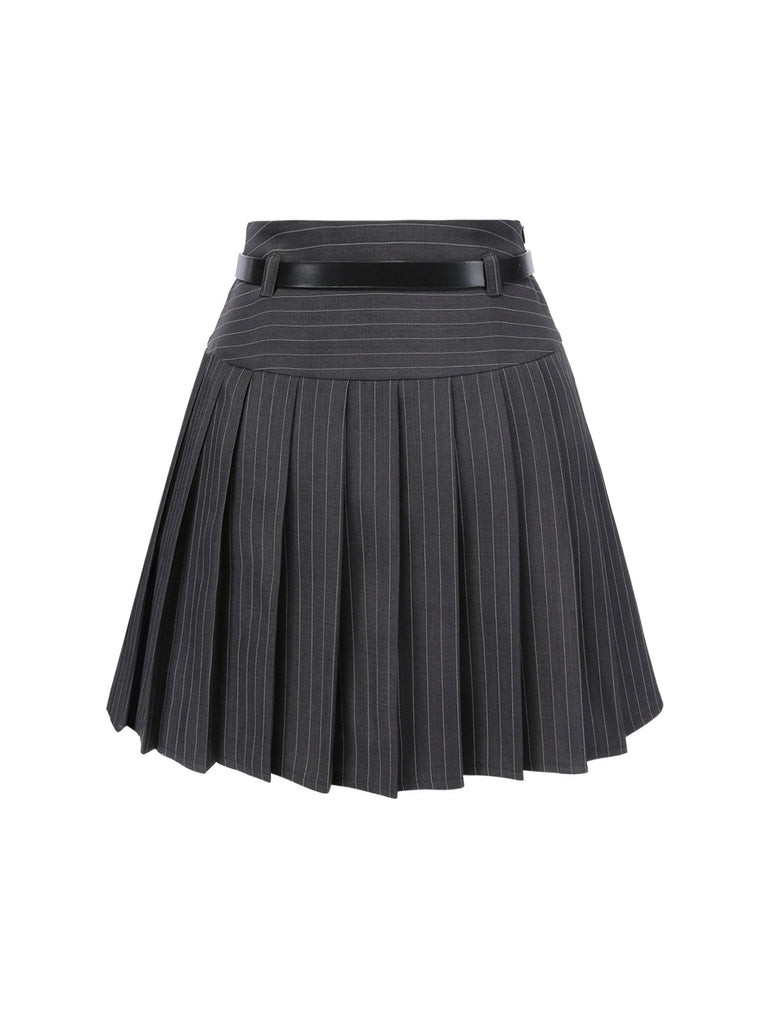 2PCS Gilet à rayures fines gris foncé et jupe plissée des années 60