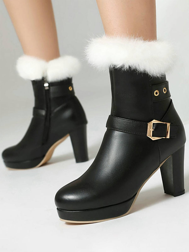Bottes à talons hauts vintage en fausse fourrure avec boucle