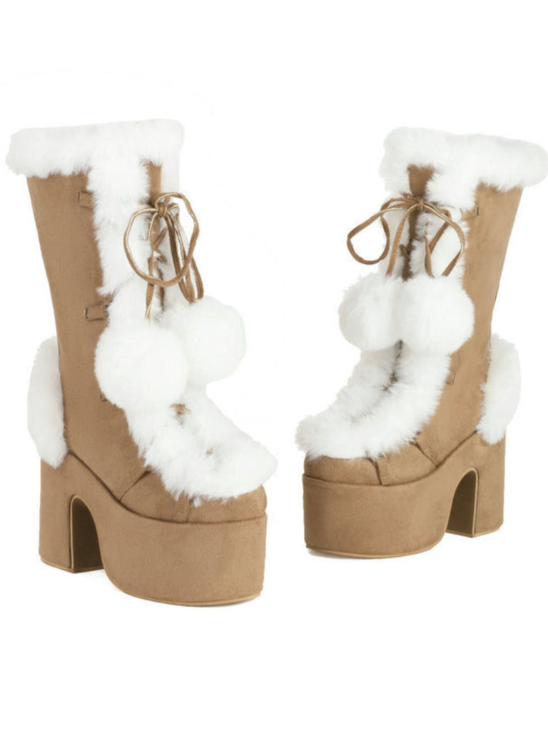 Bottes à talons hauts et bout rond en fausse fourrure vintage