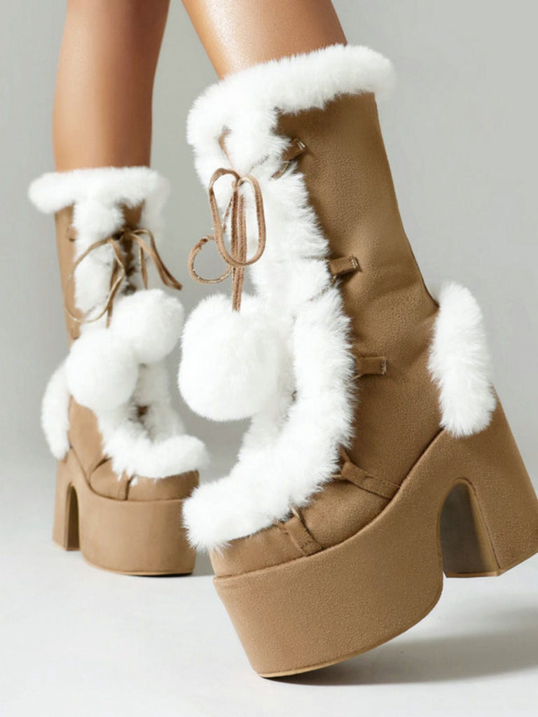 Bottes à talons hauts et bout rond en fausse fourrure vintage