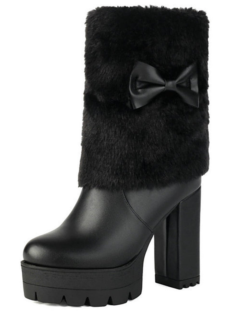 Bottes à talons épais en peluche avec nœud papillon vintage