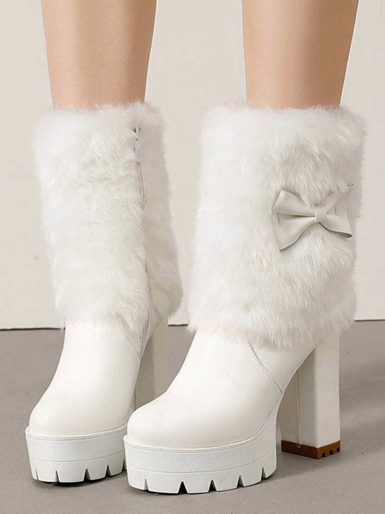 Bottes à talons épais en peluche avec nœud papillon vintage