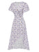 Robe violette col V et boutons motif lapin et fleurs années 40