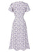 Robe violette col V et boutons motif lapin et fleurs années 40