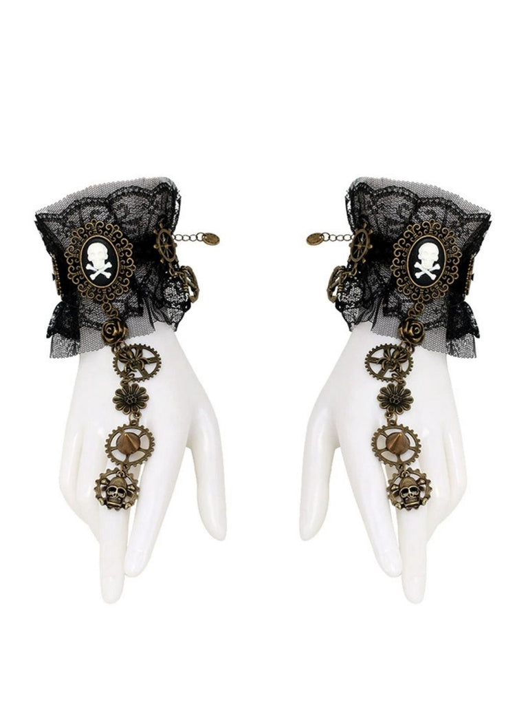 Bracelet en dentelle noire gothique punk avec anneau